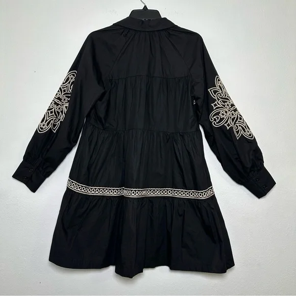 Elegant Button Down Black and Cream Embroidered Long Puff Sleeve Mini Dress - Picture 5 of 16